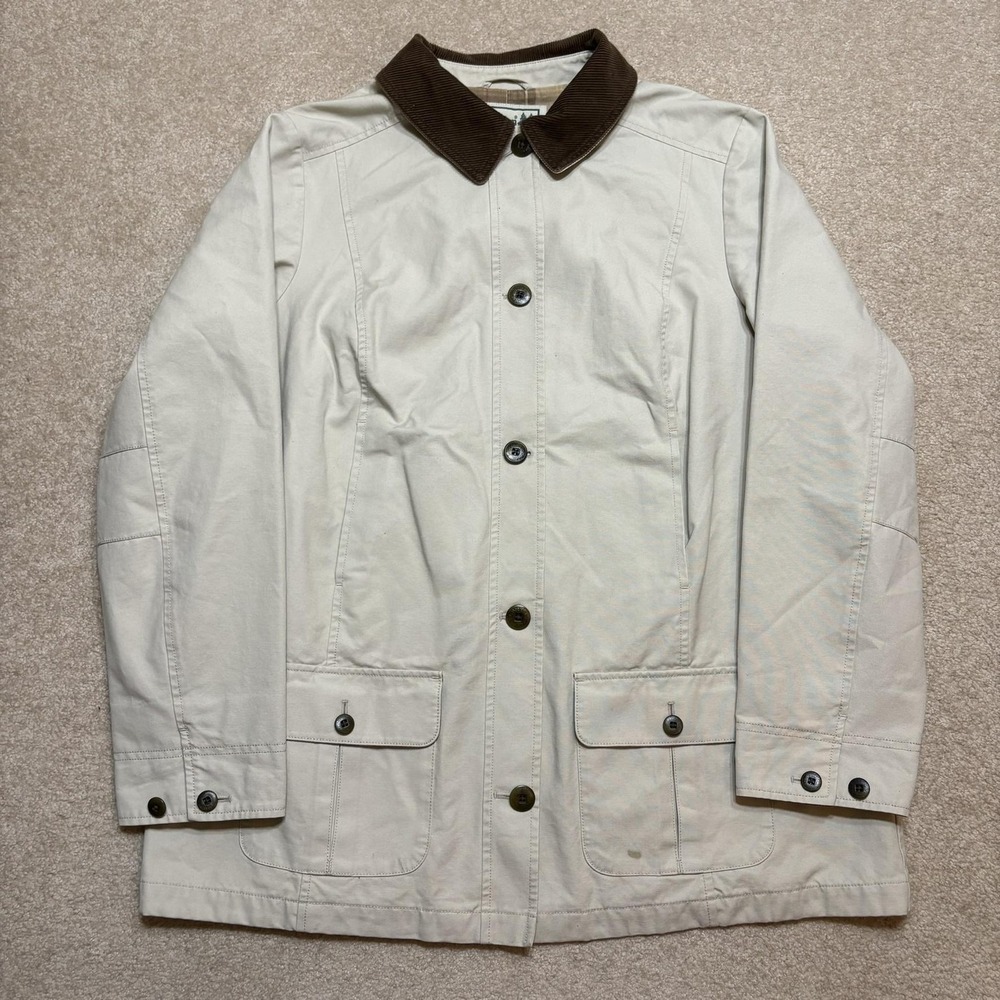 Vtg LL Bean Chore Jacket Mens Large Beige Canvas Barn Field Coat Plaid Corduroy